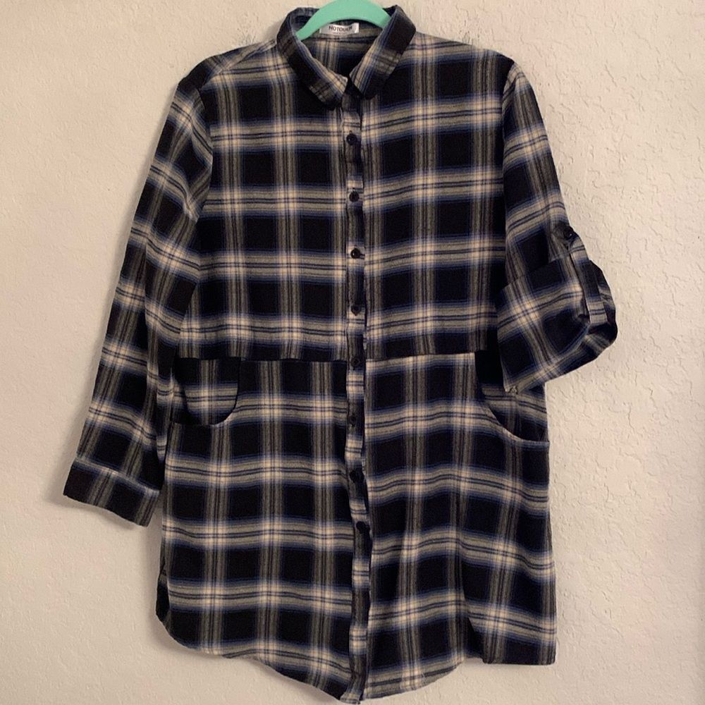 Hotouch Women’s Plaid Roll Up Long Sleeves Soft  Pockets Shirt Size XL